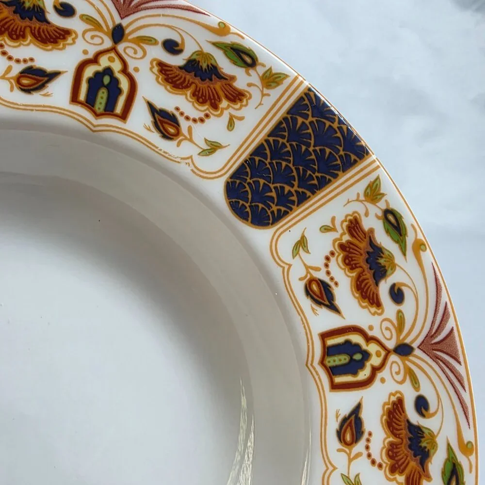 TWO Queens Imari Rim Soup Bowls Green Blue Diamond Band Floral Arches